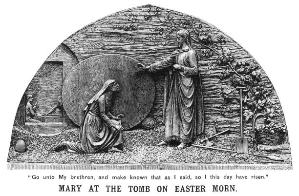 Mary at Jesus' tomb on Easter morning - the Resurrection Mary, mother of Jesus Christ, at the tomb from which Jesus has arisen on Easter morning. From “The Cottager & Artisan” published in 1892 by The Religious tract Society, London. easter sunday stock illustrations