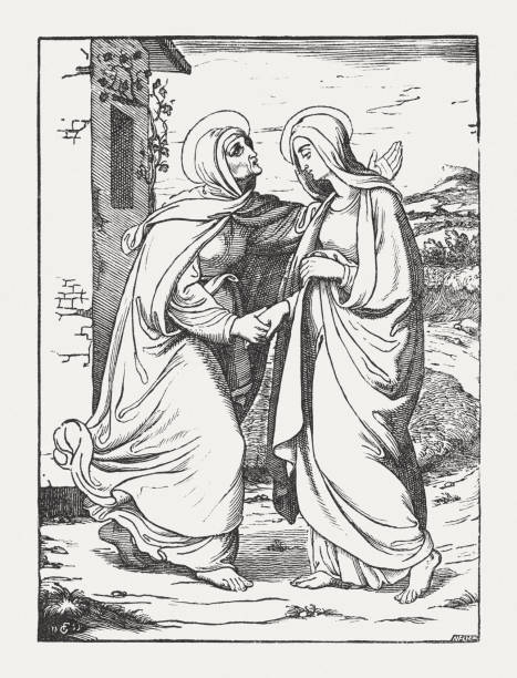 illustrazioni stock, clip art, cartoni animati e icone di tendenza di mary visits elizabeth (luca 1, 39-45), incisione su legno, pubblicata nel 1850 - queen elizabeth