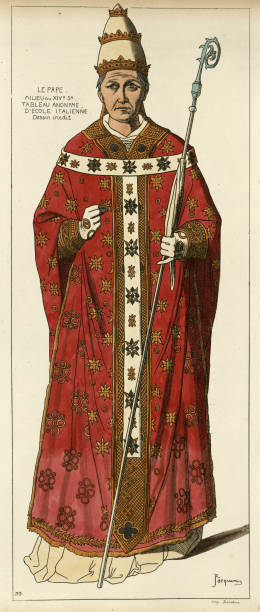 illustrazioni stock, clip art, cartoni animati e icone di tendenza di papa medievale che indossa abiti, tiara papale, tenendo crosier, xiv secolo - papa