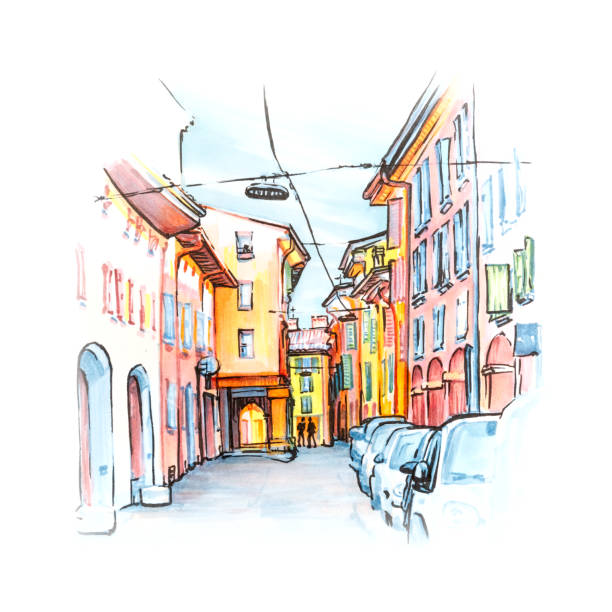 illustrazioni stock, clip art, cartoni animati e icone di tendenza di strada medievale a bologna, italia. schizzo - bologna