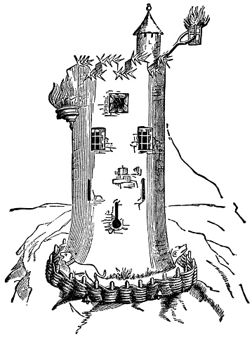 Medieval watchtower with a signal fire (circa 15th century). Vintage etching circa late 19th century.