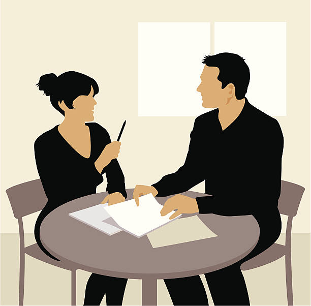 Meeting A man and a woman in a small meeting. finance silhouettes stock illustrations