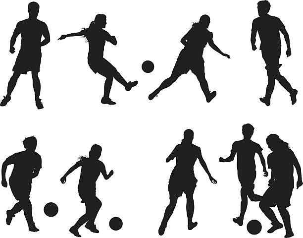 Men and women playing soccer Men and women playing soccer soccer silhouettes stock illustrations