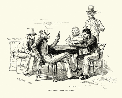 Vintage engraving of Men playing a game of poker, 19th Century