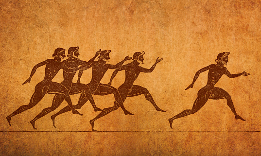 Greek vase showing men running a race ( Fifth period 431 - 404 )
Original edition from my own archives
Source : Historia de los griegos 1891