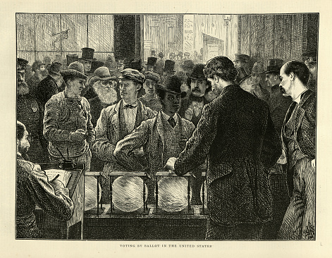 Vintage illustration of Men voting by ballot in the USA, Election 1872, 19th Century