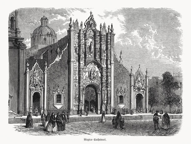 Mexico City Metropolitan Cathedral, wood engraving, published in 1868 vector art illustration