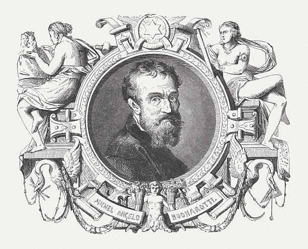 Michelangelo Buonarroti (1475-1564), wood engraving, published in 1876 Michelangelo Buonarroti (1475 - 1564), Italian painter, sculptor, architect and poet. He is considered one of the most important artists of the Italian Renaissance. Woodcut engraving from the book "Das Buch der Erfindungen, Gewerbe und Industrien, Band 1 (The book of inventions, commerce and industries, Volume 1)", published by Otto Spamer, Berlin and Leipzig (1876) michelangelo artist stock illustrations