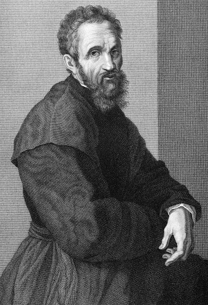 Michelangelo Michelangelo (1475-1564) on copper engraving from 1841. Italian Renaissance painter, sculptor, architect, poet and engineer. Engraved by G.P.Lorenzi from a drawing by A.Tricca after a self portrait by Michelangelo. michelangelo artist stock illustrations