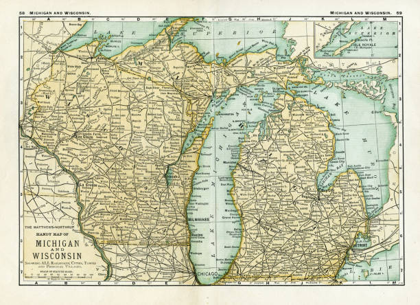 Michigan Wisconsin map 1898 Map from the Complete Handy Atlas of the World - 1898 michigan stock illustrations