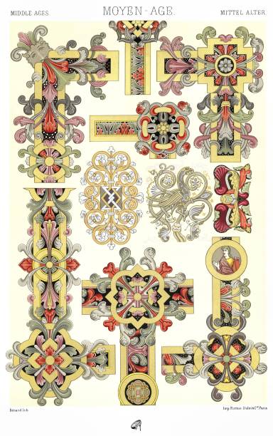 illustrazioni stock, clip art, cartoni animati e icone di tendenza di medioevo: ornamentazione di manoscritti, cornici e fiori - eitan