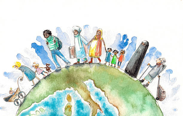 Migration Illustration of people different nationalities going on a Earth.Picture created with watercolors animal migration stock illustrations