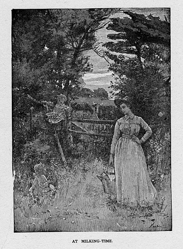 One woman holds a full milk pail while her two toddler daughters stay near a fence cattle in the pasture. Illustration published 1887. Source: Original edition is from my own archives. Copyright has expired and is in Public Domain.