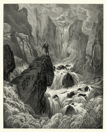Vintage engraving by Gustave Dore, from Milton's Paradise Lost. In eith the river sunk, and with is rose, Satan