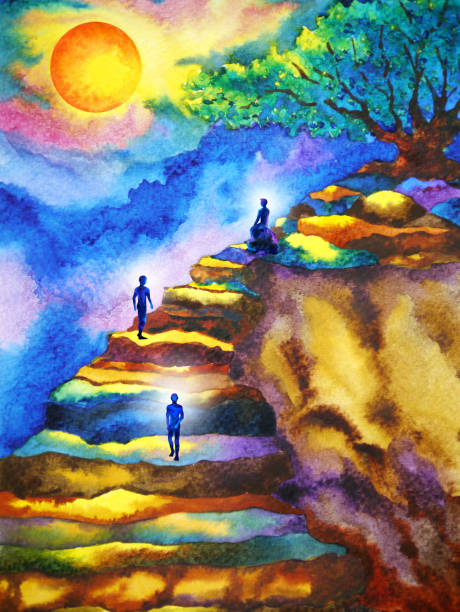mind spiritual human meditation on mountain abstract art watercolor painting illustration design drawing  nature path stock illustrations