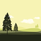 Natural background with hills and pine trees.