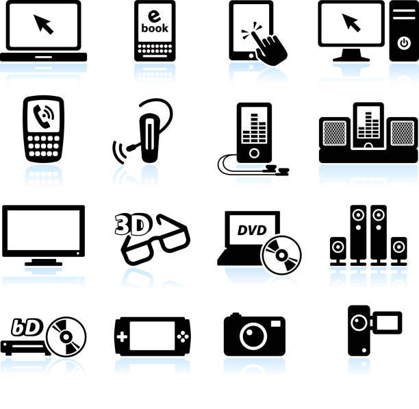 Modern consumer electronics black and white royalty-free vector icon set Modern consumer electronics black and white set Portable DVD Player stock illustrations