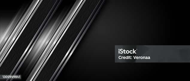 istock Modern futuristic glossy gray shade metallic bands on black background. 1305949841