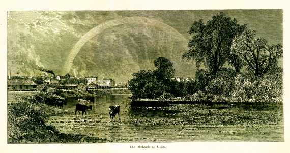 Mohawk River at Utica, a city in the U.S. state of New York. Published in Picturesque America or the Land We Live In (D. Appleton & Co., New York, 1872).