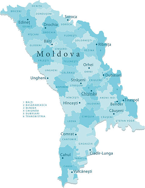 Moldova Vector Map Regions Isolated "Detailed vector map of Moldova with administrative divisions. File was created on November 14, 2012. The colors in the .eps-file are ready for print (CMYK). Included files: EPS (v8) and Hi-Res JPG (4533aa aaa 5600 px)." moldova stock illustrations