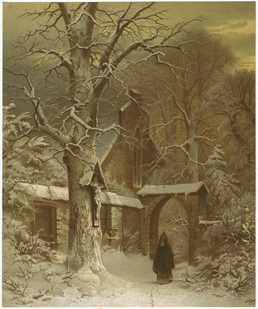 stockillustraties, clipart, cartoons en iconen met monastery yard in winter, by s. jacobsen, lithograph, published 1870 - jakobsen