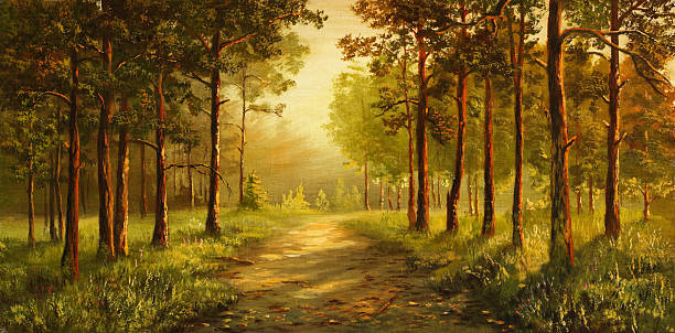 Morning in a pine grove Painting. A canvas, oil. landscape painting stock illustrations