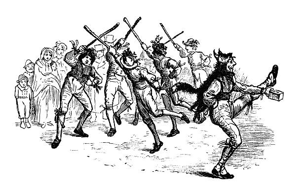 A team of Morris dancers vigorously striking each others sticks as they go through their routine on Boxing Day (26th December) while one, dressed in a fox skin, collects money in a box from the spectators. From “Old Christmas: From The Sketch Book of Washington Irving”, illustrated by Randolph Caldecott and published by Macmillan & Co, London, in 1882. The book chronicles Irving’s nostalgic memories of 19th century English Christmas traditions and customs.