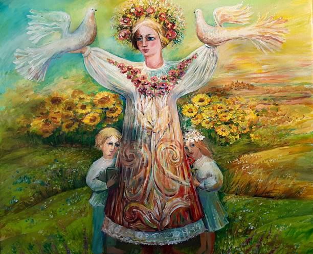 Mother Nature take care of kids. Women goddess art concept in warm colors. Oil or acrylic painting on canvas. Mother Nature take care of kids. Women goddess art concept in warm colors. Oil or acrylic painting on canvas. Colorful illustration goddess stock illustrations