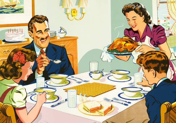 Mother Serving Dinner to Her Family Mother Serving Dinner to Her Family family dinner stock illustrations