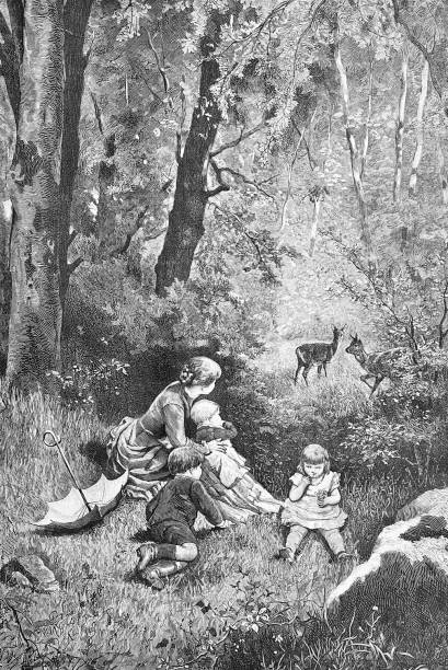 Mother with 3 children observes a deer family in a glade Illustration from 19th century. drawing of family picnic stock illustrations
