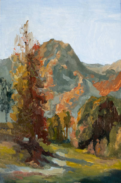 ilustraciones, imágenes clip art, dibujos animados e iconos de stock de paisaje de montaña, otoño en las montañas, pintura al óleo montañas - landscape painting