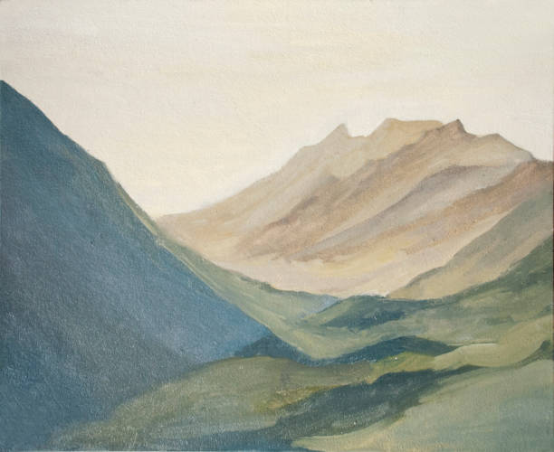 mountain landscape, mountains at dawn, oil painting mountain landscape, the mountains at dawn, oil painting etude landscape painting stock illustrations