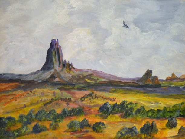 Mountain valley A mountain valley with a bird flying overhead. landscape painting stock illustrations