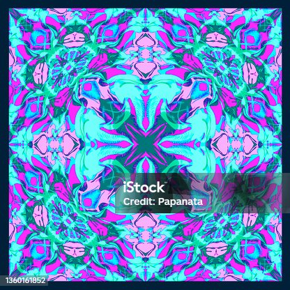 istock Multicolored ornament, abstract pattern, on a dark background, pink and blue color, batik motives, hand-drawn in oriental traditional style, for design in the textile industry, accessories, ceramics, decor for printed products, gift wrapping, for decorati 1360161852