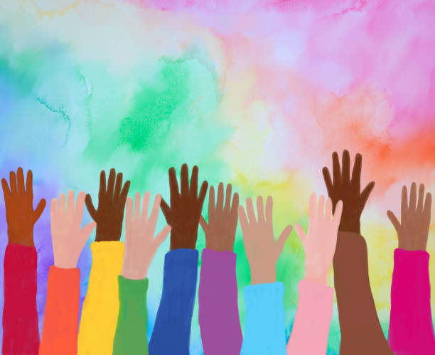 Multicolored Rainbow arms raised.  LGBTQIA vector art illustration