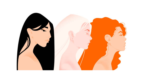 multinational different beauties women multinational different beauties women African Asian European different skin color, albino Profile portrait woman in leaves Brave and strong women. Female friendship. Struggle for rights independence ::::: asian beauties : stock illustrations