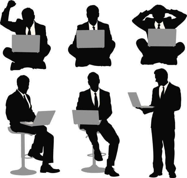 Multiple images of a businessman with laptop Multiple images of a businessman with laptop laptop silhouettes stock illustrations