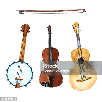 istock Musical set. Watercolor painting isolated on white background. 1366601613