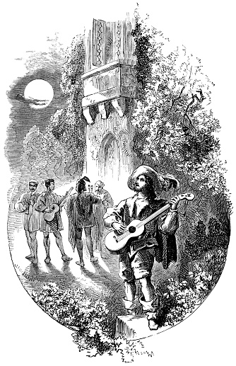 Musician serenading on the street outside Preciosa’s window in The Spanish Student from Poetical Works of Henry Wadsworth Longfellow. Vintage etching circa mid 19th century.
