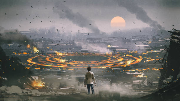 mysterious circle in apocalypse city post apocalypse scene showing the man standing in ruined city and looking at mysterious circle on the ground, digital art style, illustration painting apocalypse stock illustrations