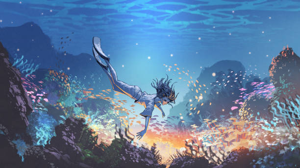 mysterious light under the sea vector art illustration