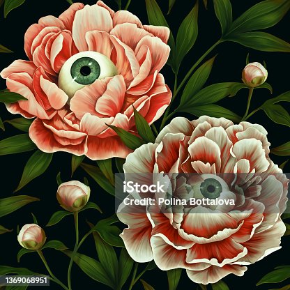 istock Mystical seamless pattern. Mysterious wallpapers, fantastic flowers. Floral dark background. Peonies, eyes, horrors. Vintage hand drawn flowers, buds, leaves 1369068951