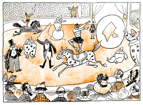 Naive illustration of a Victorian circus with audience. The artist has deliberately created the illustration to resemble one done by a child. From “Little Folks - A Magazine for the Young“. Published by Cassell & Company Limited, London, Paris & Melbourne, 1896.
