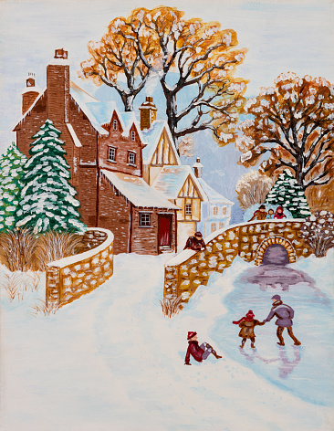 Original naive style oil painting of a rural winter scene with children playing and skating near a stream and a bridge. Christmas Holiday concept.