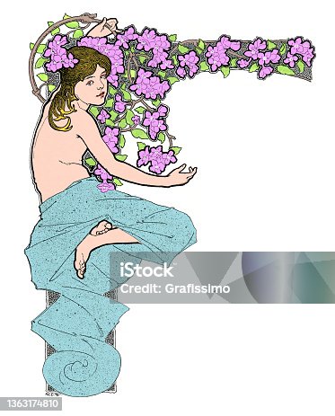 istock Naked young woman dreaming art nouveau design element for decoration drawing 1899 1363174810