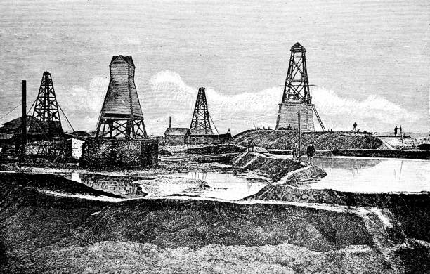 Naphtha Oil Wells at Baku Naphtha Oil Wells at Baku from the historic 1889 book "Russian Pictures" thomas wells stock illustrations