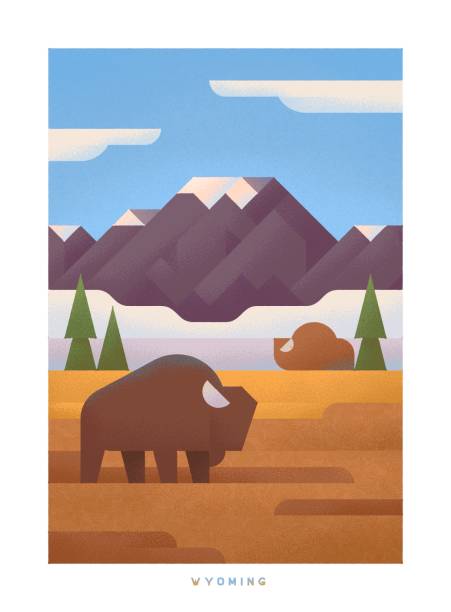 national parks of the usa and landmarks. wyoming. - buffalo 幅插畫檔、美工圖案、卡通及圖標