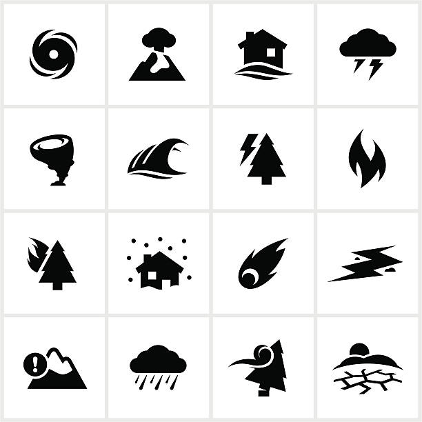 Natural Disaster Icons Natural disaster themed icons. All white strokes/shapes are cut from the icons and merged allowing the background to show through. active volcano stock illustrations