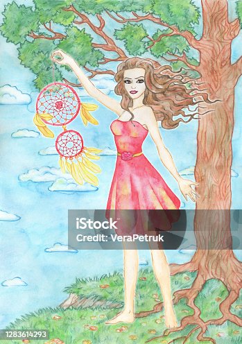 istock Nature background with tree, copy space and beautiful girl or woman holding dreamcatcher as summer against clouds. 1283614293
