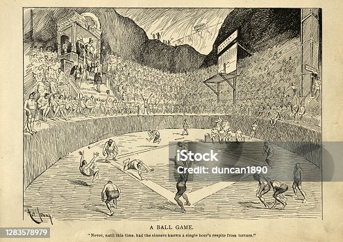 istock Never ending baseball game in hell, Victorian cartoon 1283578979